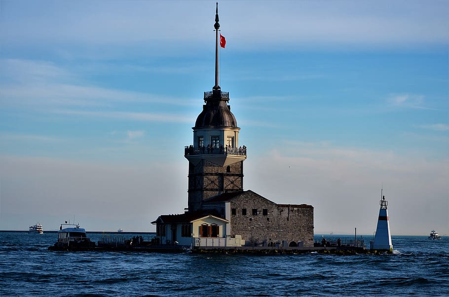 architecture, travel, body of water, sky, maiden's tower kiz kulesi, marine, tourism, istanbul, built structure, tower