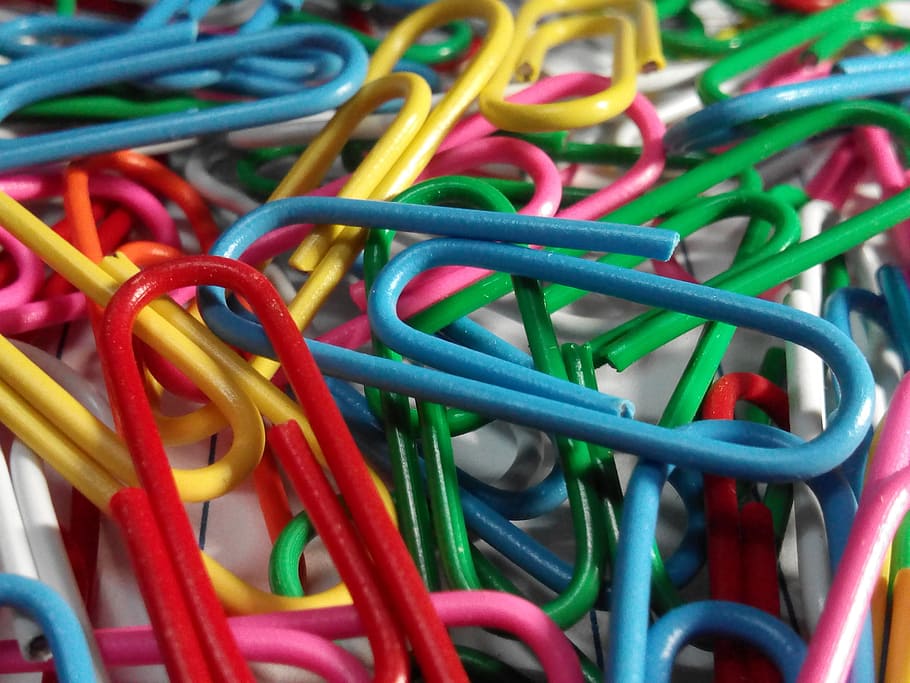 paperclip, office equipment, colors, wire, clip, office, multi colored, large group of objects, indoors, close-up