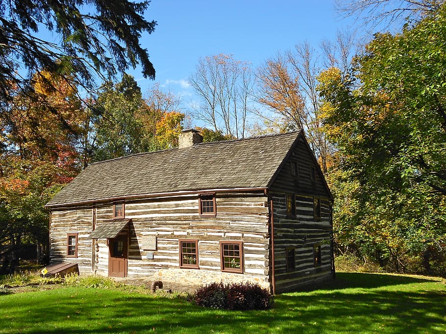 beige, wooden, house, daytimie, Pennsylvania, Log Cabin, Structure, home, landscape, forest