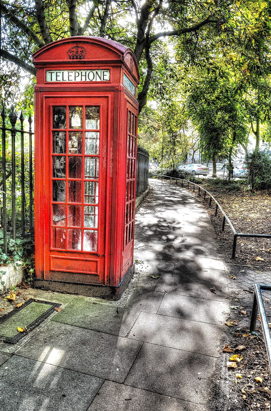 red, black, metal fence, tree, daytime, London, Telephone Box, England, english, british