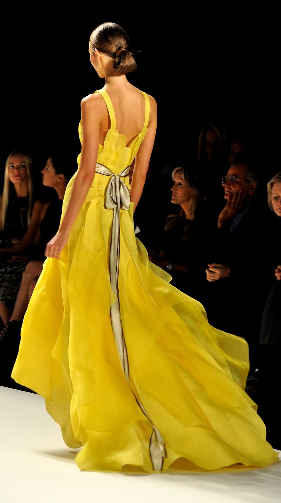 woman, wearing, yellow, sleeveless, long, dress, fashion, yellow dress, gown, runway