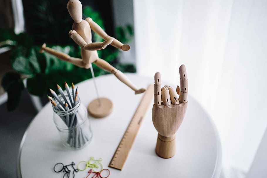 mannequin, various, poses, Wooden, hand, wood, model, yarn, pencils, puppet