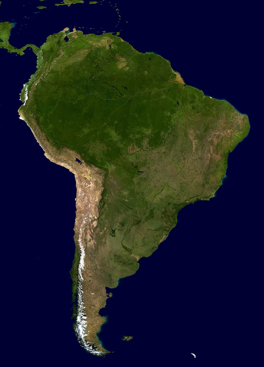 2d, map illustration, south america, continent, land, map, aerial view, satellite image, satellite photo, america