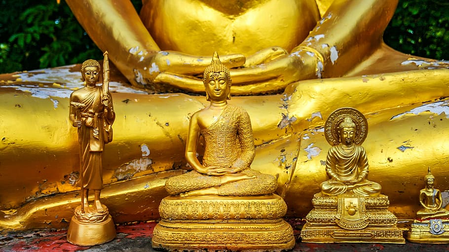 four, assorted-sized, buddha figurines, buddha, buddhism, meditation, gold, golden buddha, transcendence, zen
