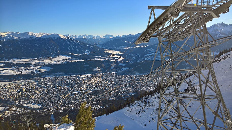 innsbruck, cable car, winter, olympia, austria, cityscape, panorama, nordkette, distant view, outlook