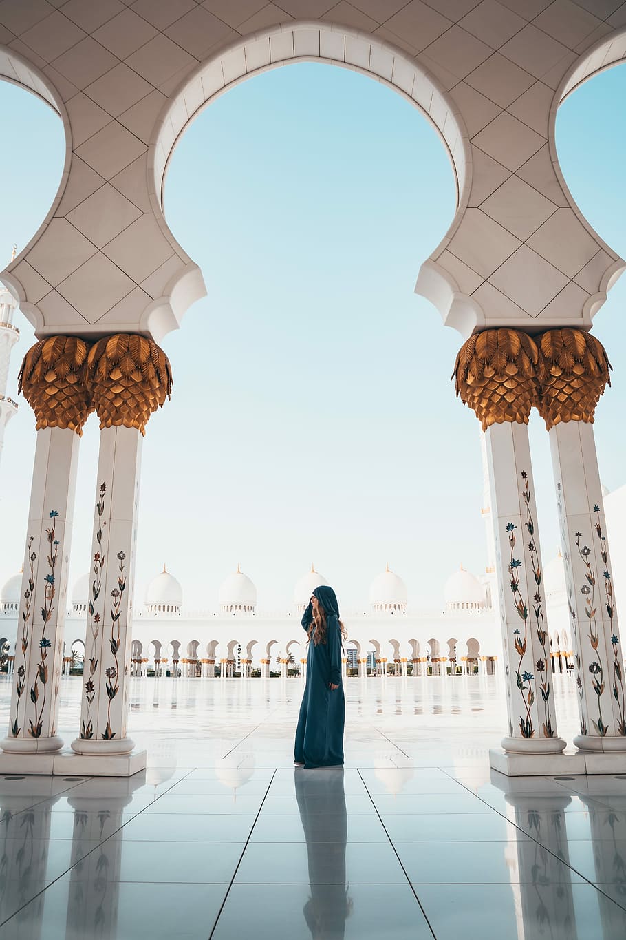 woman, standing, white, pillars, architecture, travel, outdoors, tourism, city, landmark