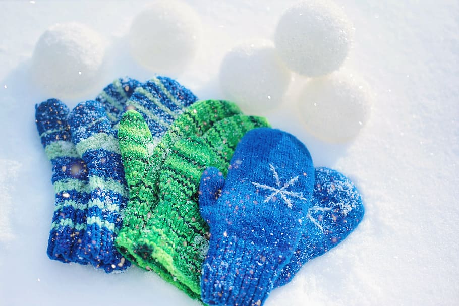 three, pairs, blue, green, snow gloves, mittens, kid's mittens, snowballs, snow balls, winter