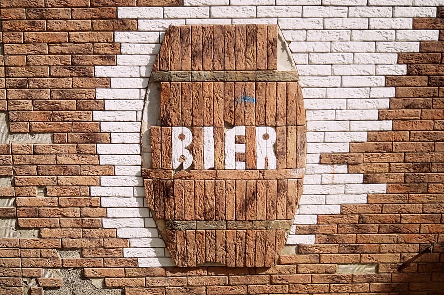 beer, advertising, marketing, wall, alcohol, drink, stones, barrel, beer keg, pub
