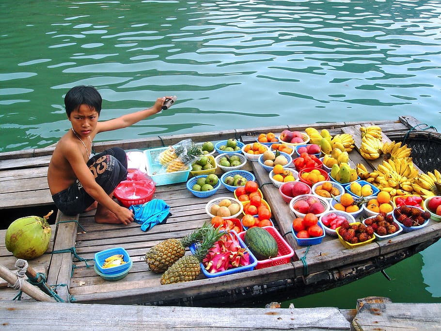 boy, wearing, black, pants, fruits, selling, delicious, halong bay, bay, beautiful