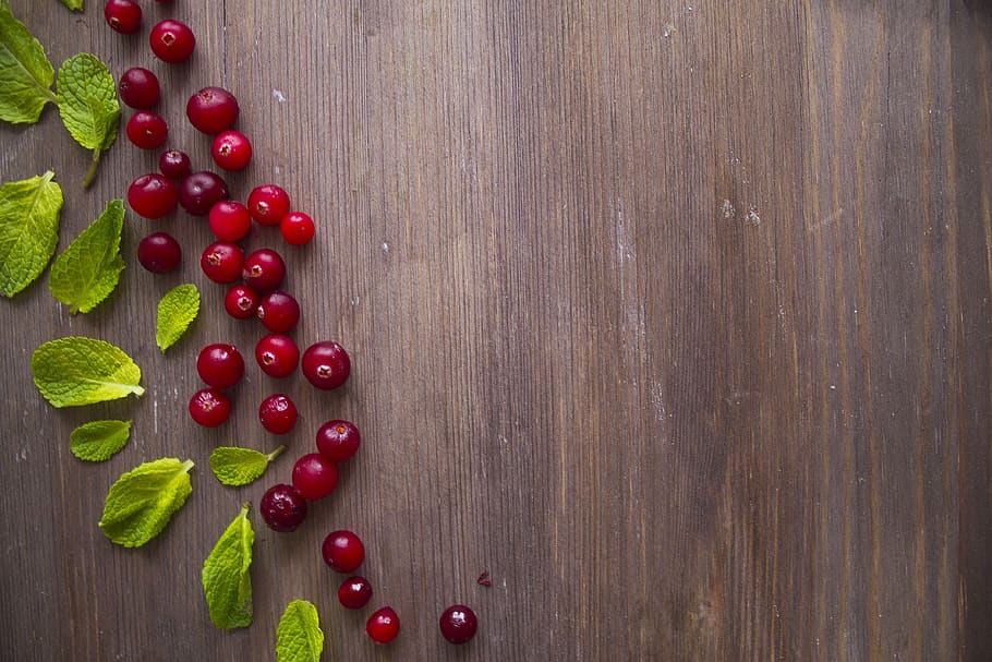 wood, background, cranberries, vitamins, wooden background, mint, greens, fresh, frame, food and drink