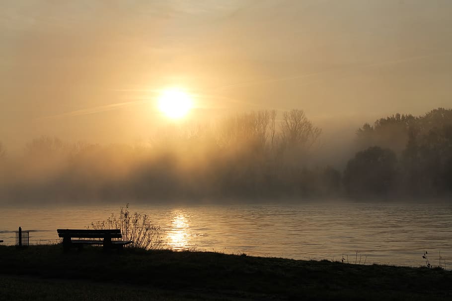silhouette, bench, calm, body, lake, sunset, rhine, fog, mood, landscape