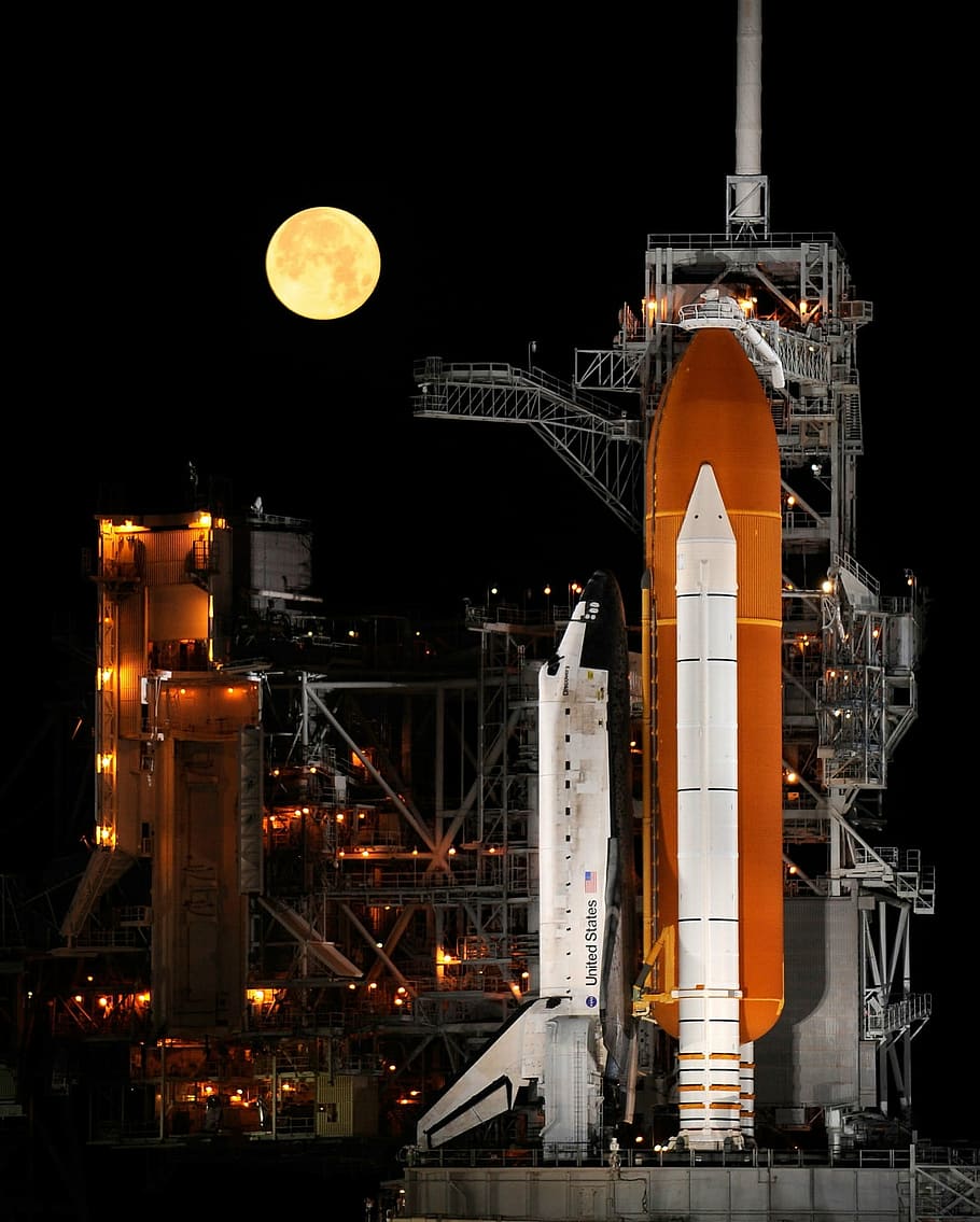 white, rocket ship illustration, space shuttle, discovery, night, full moon, shuttle, space, pre-flight, launch
