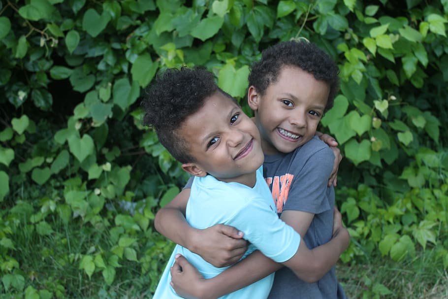 two, boys, hugging, green, leaf plant, twins, brothers, kids, love, little