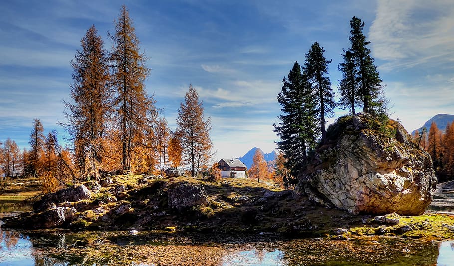 風景写真, 家, 松の木, ドロミテ, 山, イタリア, 高山, 自然, ビュー, 風景