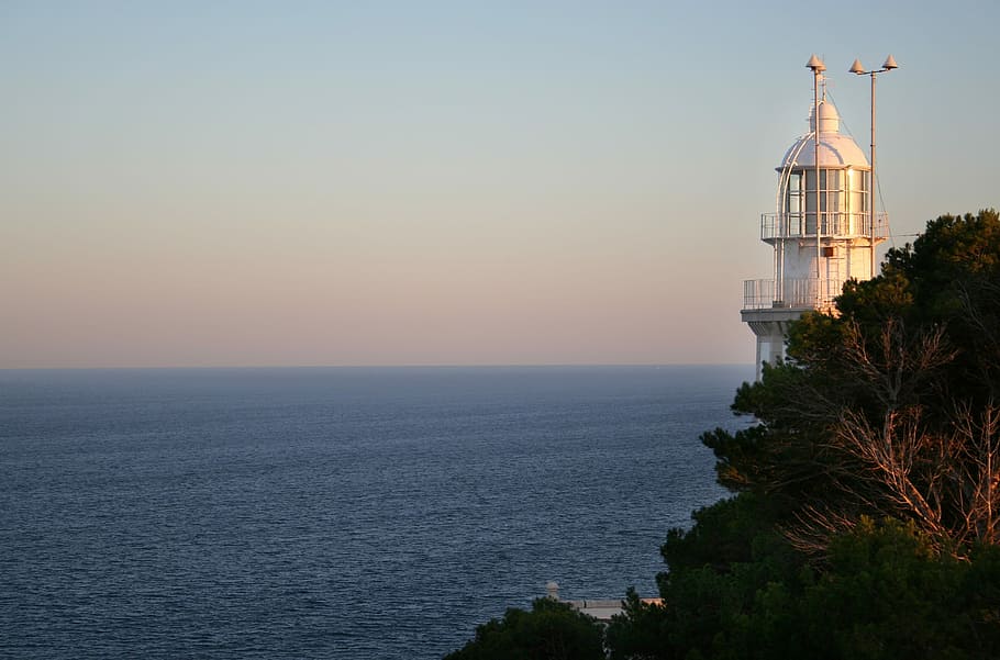 Lighthouse, Sea, Cliffs, Rock, Beach, sea, cliffs, blue, sky, coast, booked
