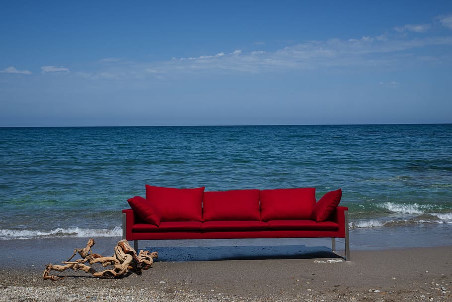 red, fabric 3- seat sofa, 3-seat, ocean, daytime, fabric, seat, sofa, furniture, design