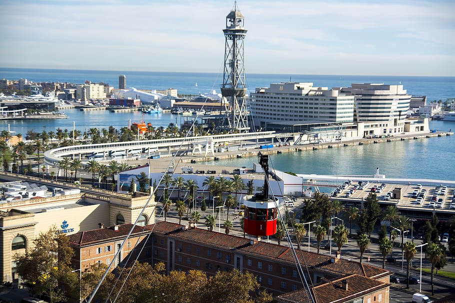 barcelona, port, spain, sea, city, marina, catalonia, europe, cableway, building exterior