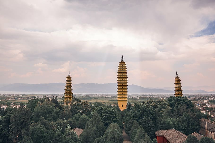 na província de yunnan, três pagodes, luz, pagode, budismo, ásia, arquitetura, religião, lugar famoso, templo - edifício