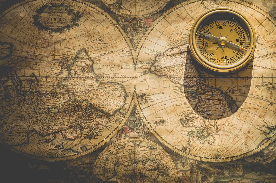 vintage, mapa-múndi, bússola, mapa, mundo, atlas, navegação, direção, rústico, clássico