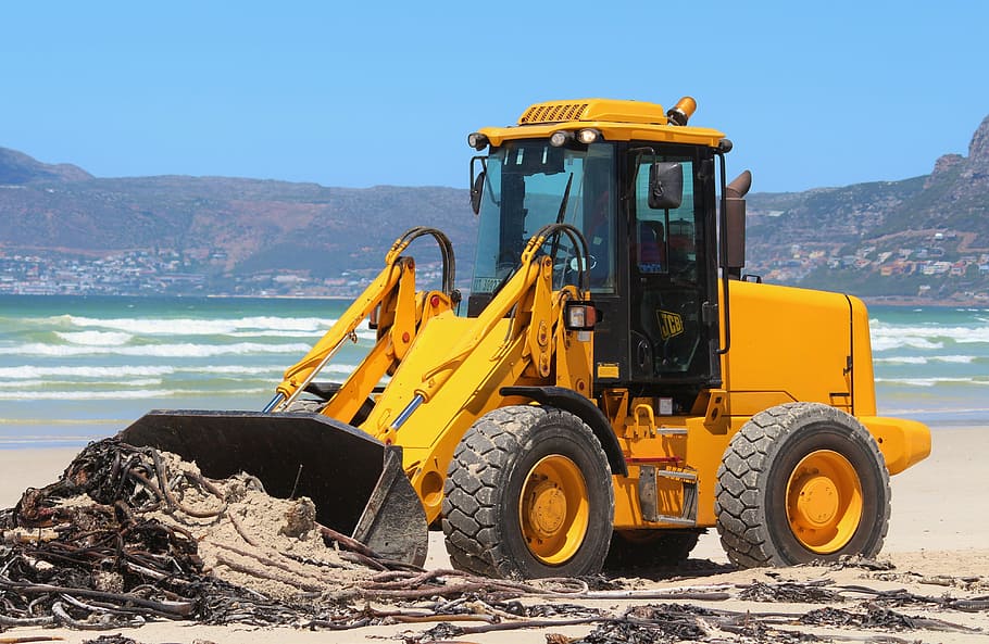 amarillo, cargador frontal, costa, mar, playa, excavadoras, limpieza, océano, agua, máquina de construcción