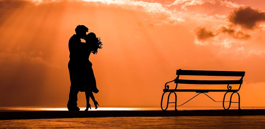 silhouette, man, woman, sunset, couple, romance, love, kiss, lovers, bench