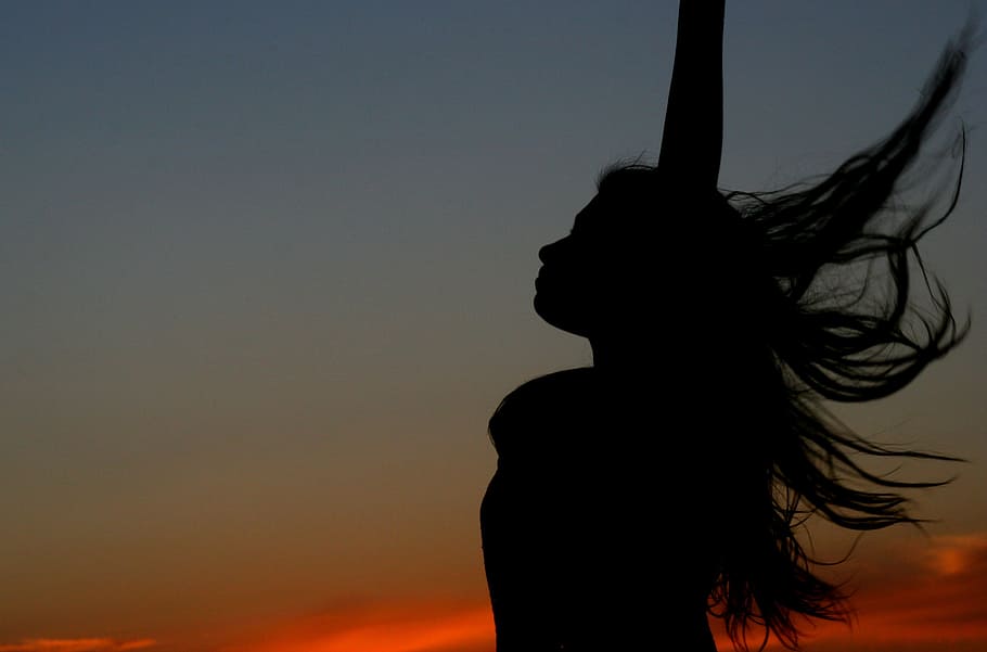 silhouette, woman, raising, hand, sunset, girl, shadow, long hair, wind, flight
