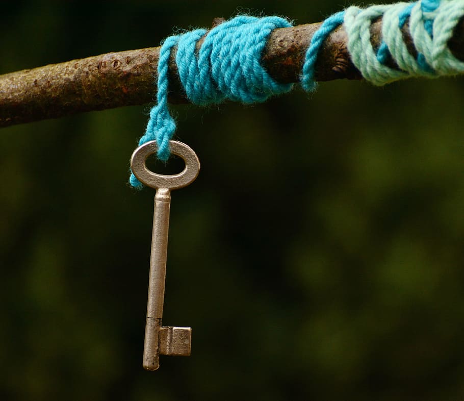 gray, key, blue, rope, cord, symbol, symbolism, knot, pull together, connect