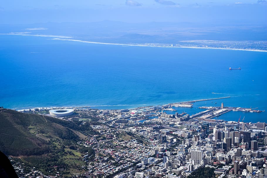 aerial from table mountain, south africa, cape town, mountain, rock, city, travel, coastline, harbour, city scape