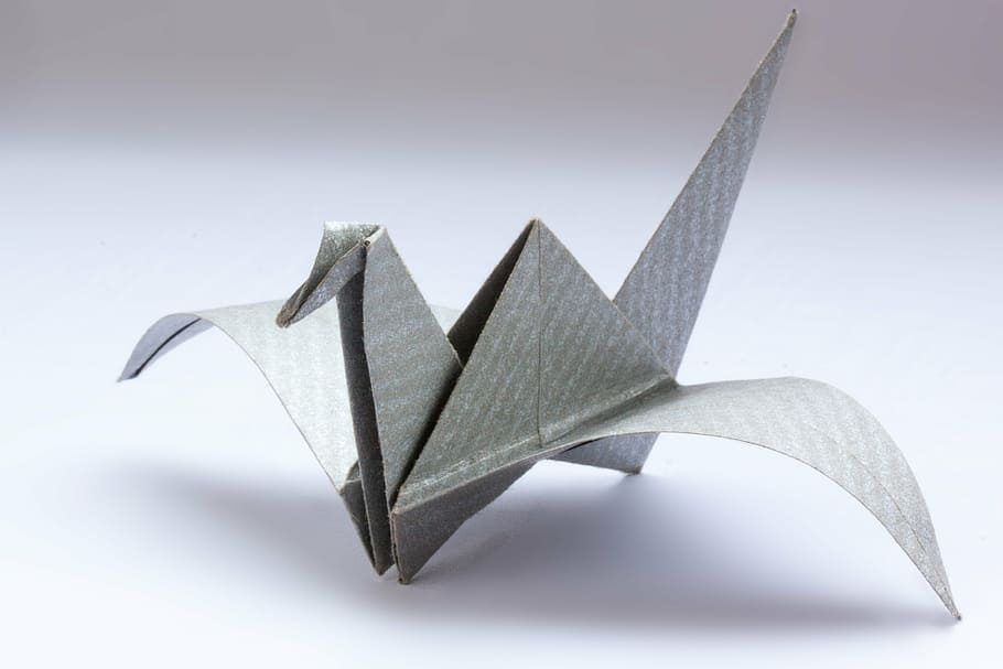 gray origami bird, origami, art of paper folding, fold, 3 dimensional, object, crane, traditionally, geometric body, structure