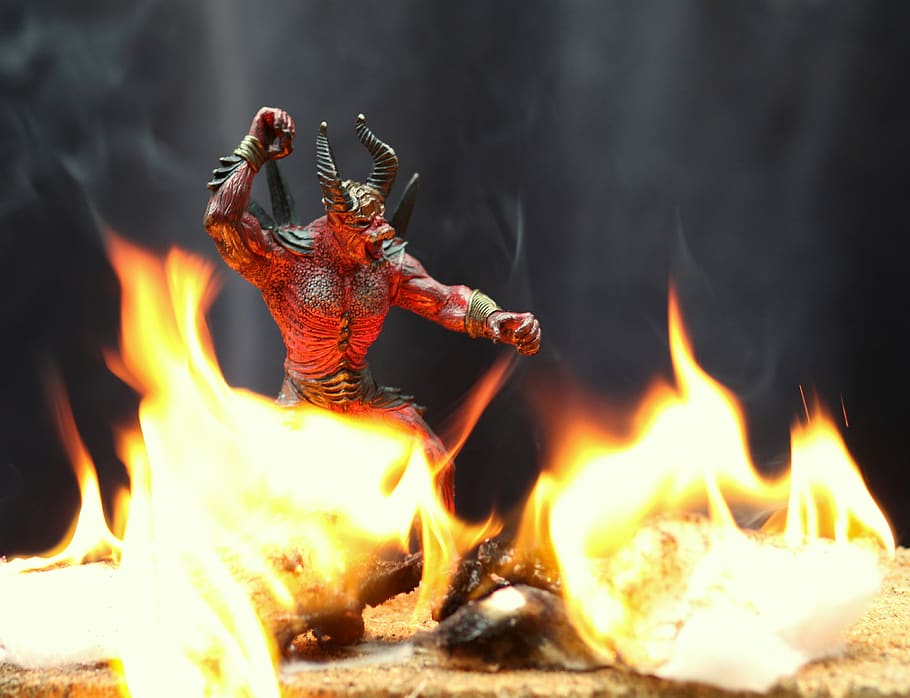setan, api, neraka, patung, kejahatan, tanduk, api - fenomena alam, pembakaran, suhu panas, warna oranye