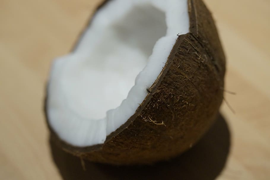 brown coconut shell, coconut, half, coconut half, pulp, white, delicious, open, white flesh, healthy