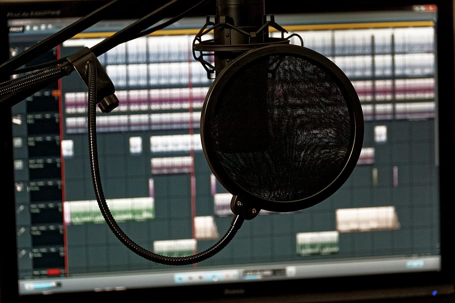 black, studio condenser microphone, front, computer, monitor, studio, music, mixer, audio, controller