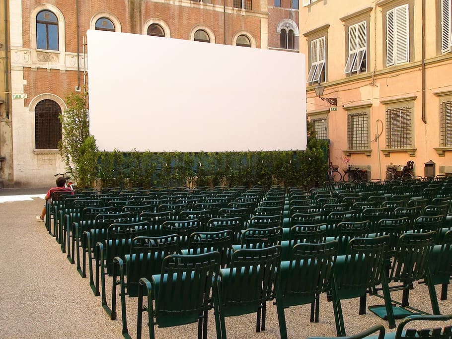 hitam, kursi logam, depan, putih, panggung, bioskop, film, kain putih, kursi, proyeksi