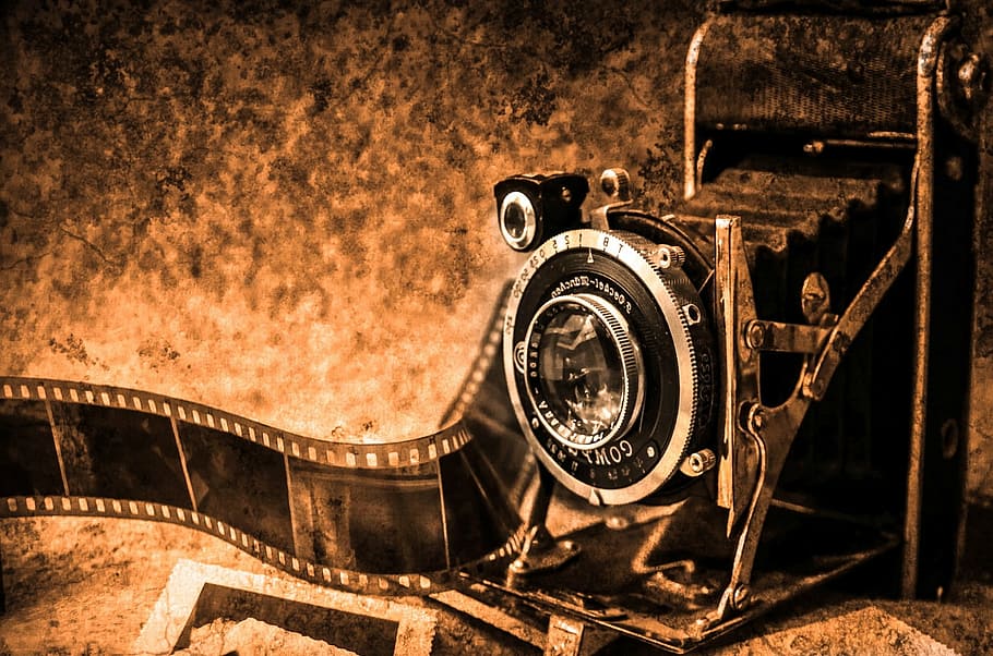 black, folding, camera, brown, surface, photo camera, photography, old, retro, film