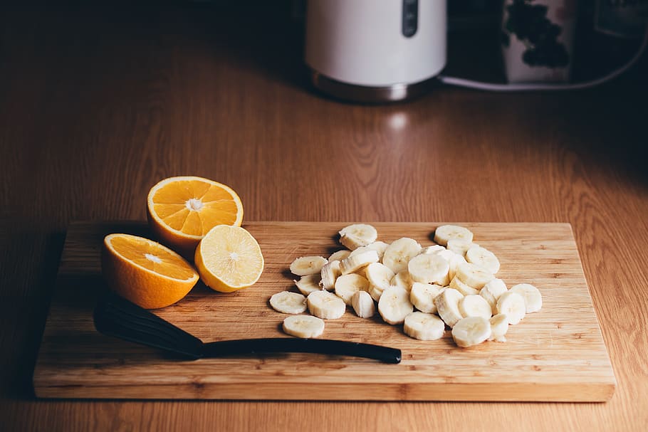 bananas, orange, fruits, healthy, food, cutting board, kitchen, cooking, chef, smoothie
