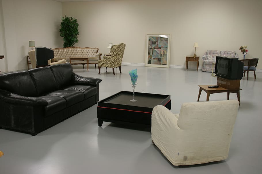 sofá de cuero negro, sala de estar, sofá, silla, mesa de café, contemporáneo, apartamento, interior, diseño, hogar