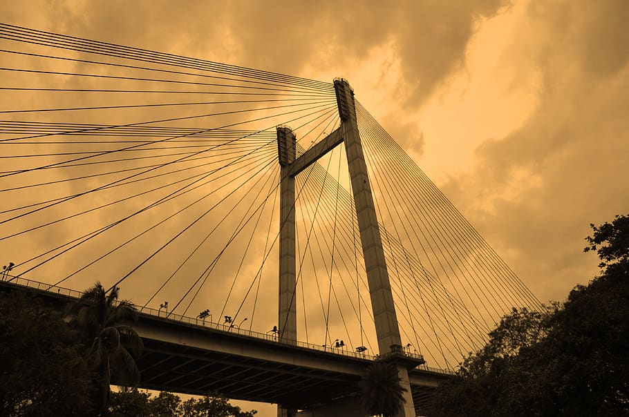 suspension bridge, cable, bridge, evening, construction, architecture, bombay, mumbai, sky, cloud - sky