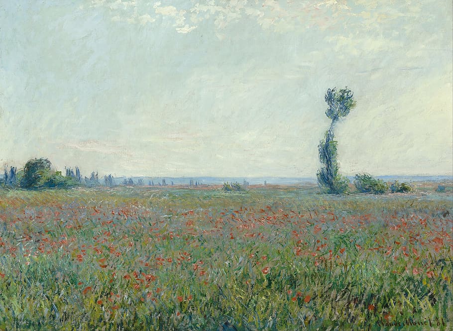 green, red, fields painting, claude monet, painting, oil on canvas, artistic, nature, outside, sky