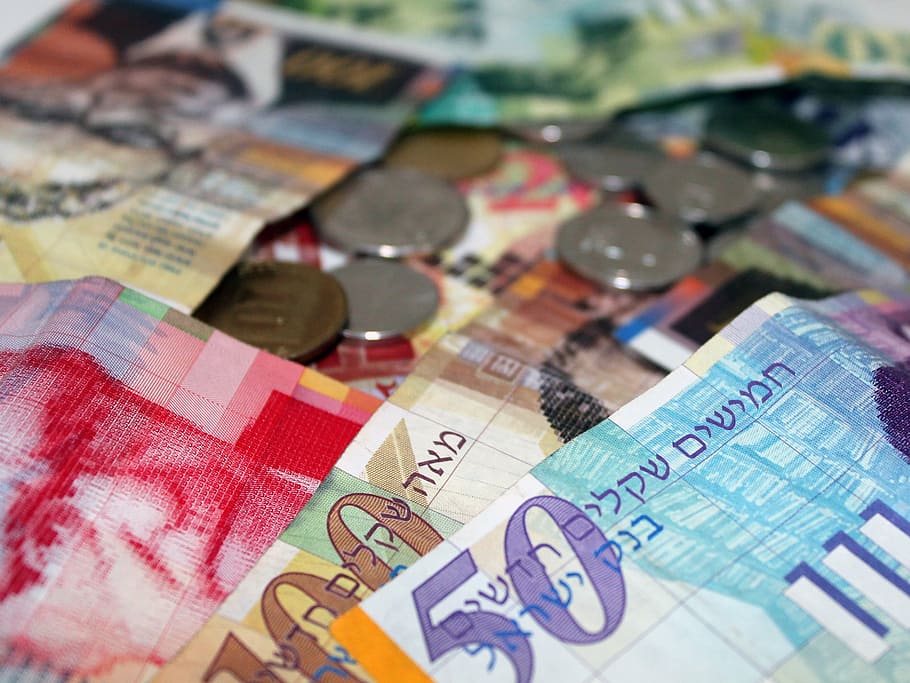 fotografia de close-up, notas de diversas denominações, shekels, dinheiro, israel, finanças, moeda, papel-moeda, quadro completo, foco seletivo