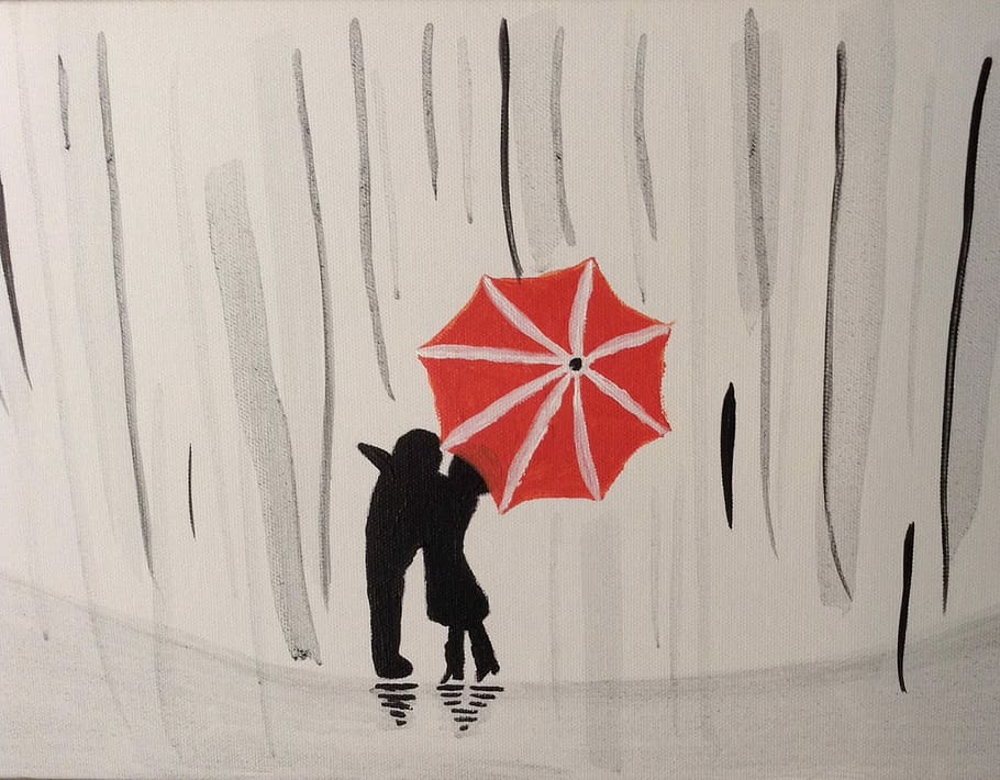 man, woman, red, umbrella painting, Umbrella, Couple, Kiss, rain, kissing, rainy