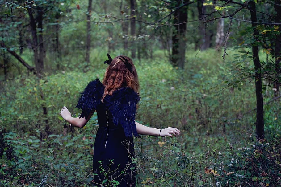 mujer, vistiendo, azul, traje de alas, de pie, maderas, naturaleza, plantas, árboles, bosque