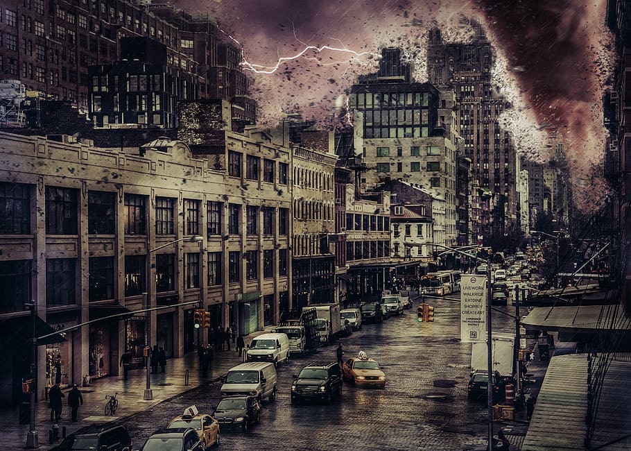 armageddon, city, buildings, architecture, urban, cityscape, tornado, storm, lightning, rain