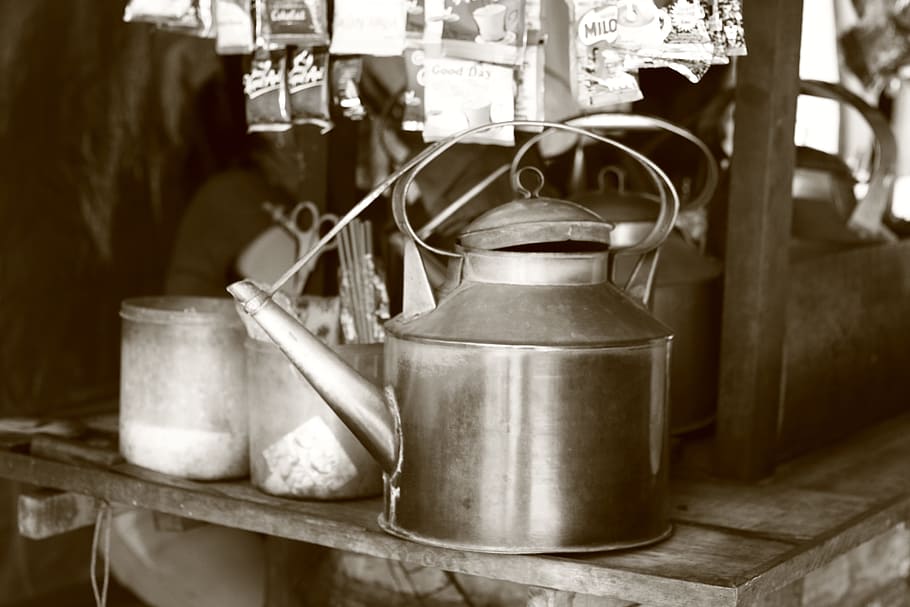 indonesia, street food, java, kitchen utensil, household equipment, kettle, teapot, metal, focus on foreground, indoors