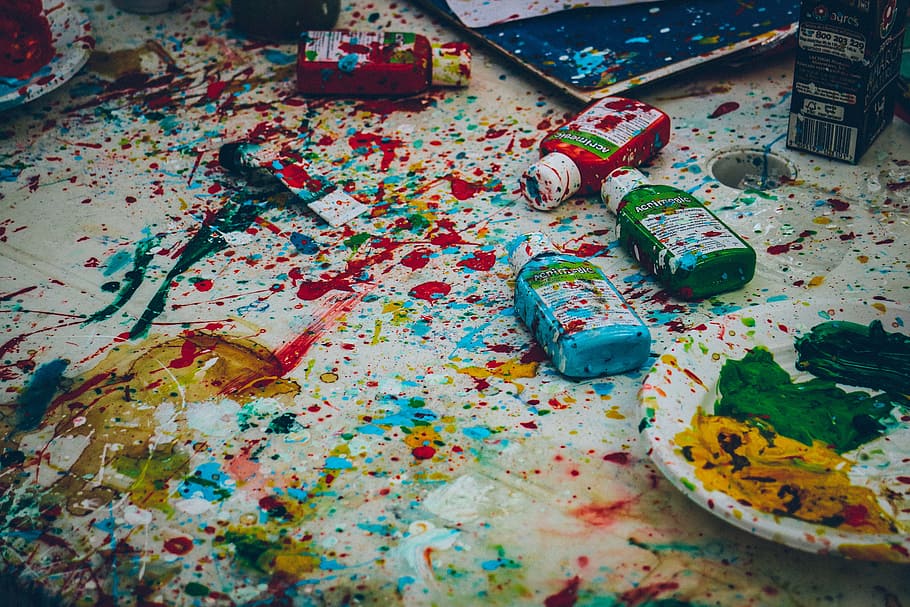 bottles, paints, brush, color, colors, colours, craft, messy, motley, paint
