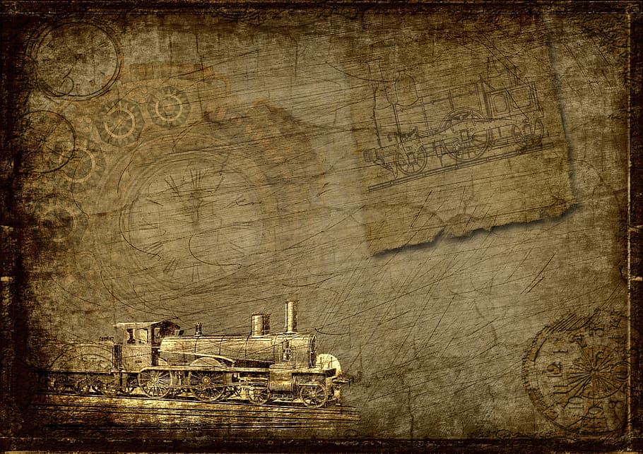 pintura marrón del tren, locomotora, reloj, steampunk, industria, ferrocarril, scrapbooking, grunge, vintage, invención