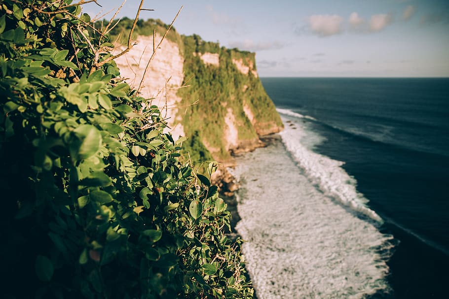 cliff, ocean, waves, sea, blue, sky, clouds, greenery, landscape, island