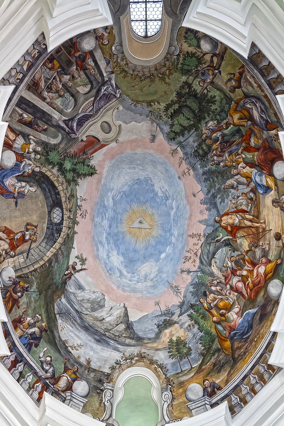 rococo, fresco, ceiling painting, sky, eye, god, jesus, bible scenes, church, faith