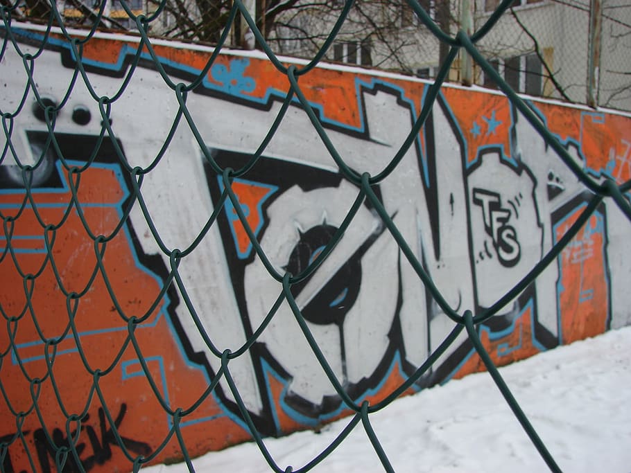 Graphite, Winter, Fence, Snow, Wire, macro, metal, graffiti, outdoors, day