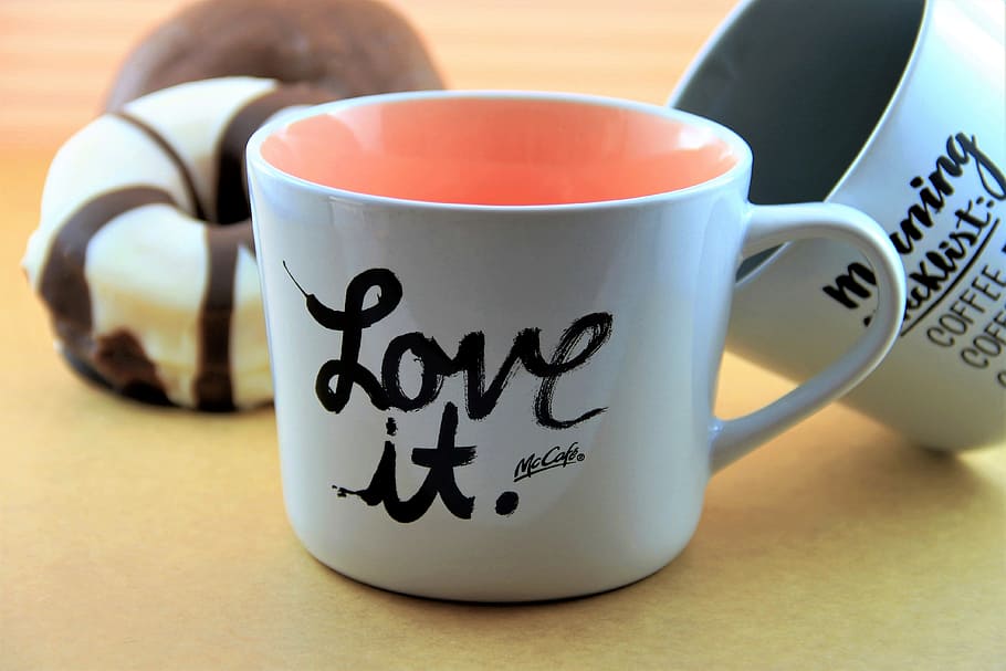 white, ceramic, mug, doughnut, coffee, drink, cafe, cup, coffee cup, cup of coffee