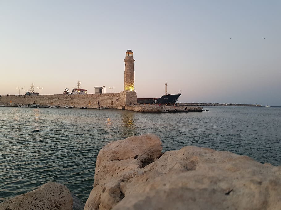 rethimno, rethymno, greece, crete, summer, port, city, lighthouse, water, sky